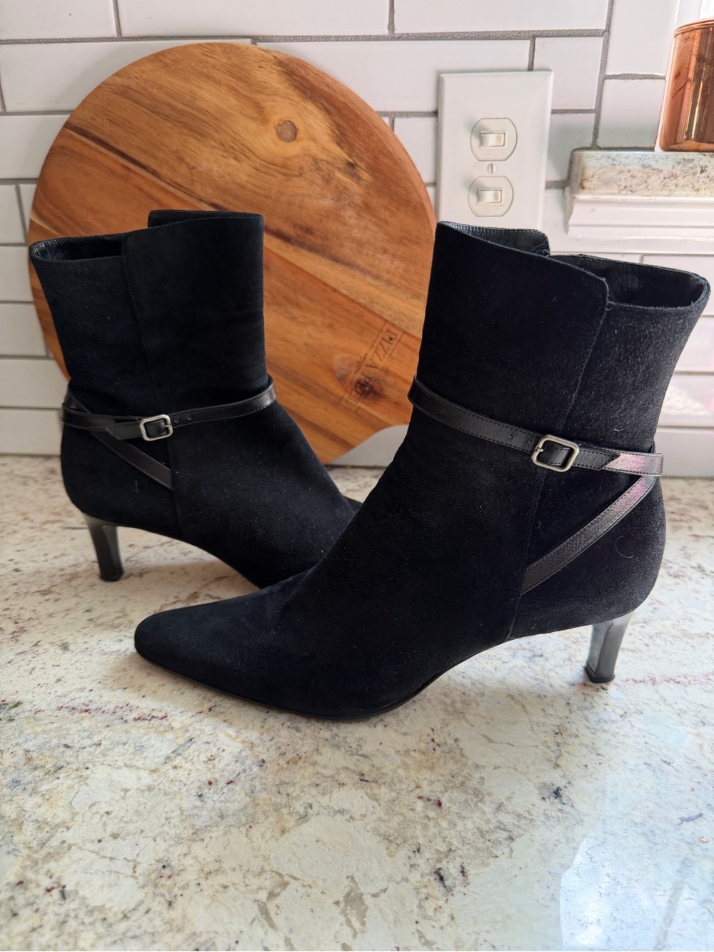 $1200 Ralph Lauren Collection Purple Label Blk Suede Ankle Strap Boot Italy 8.5